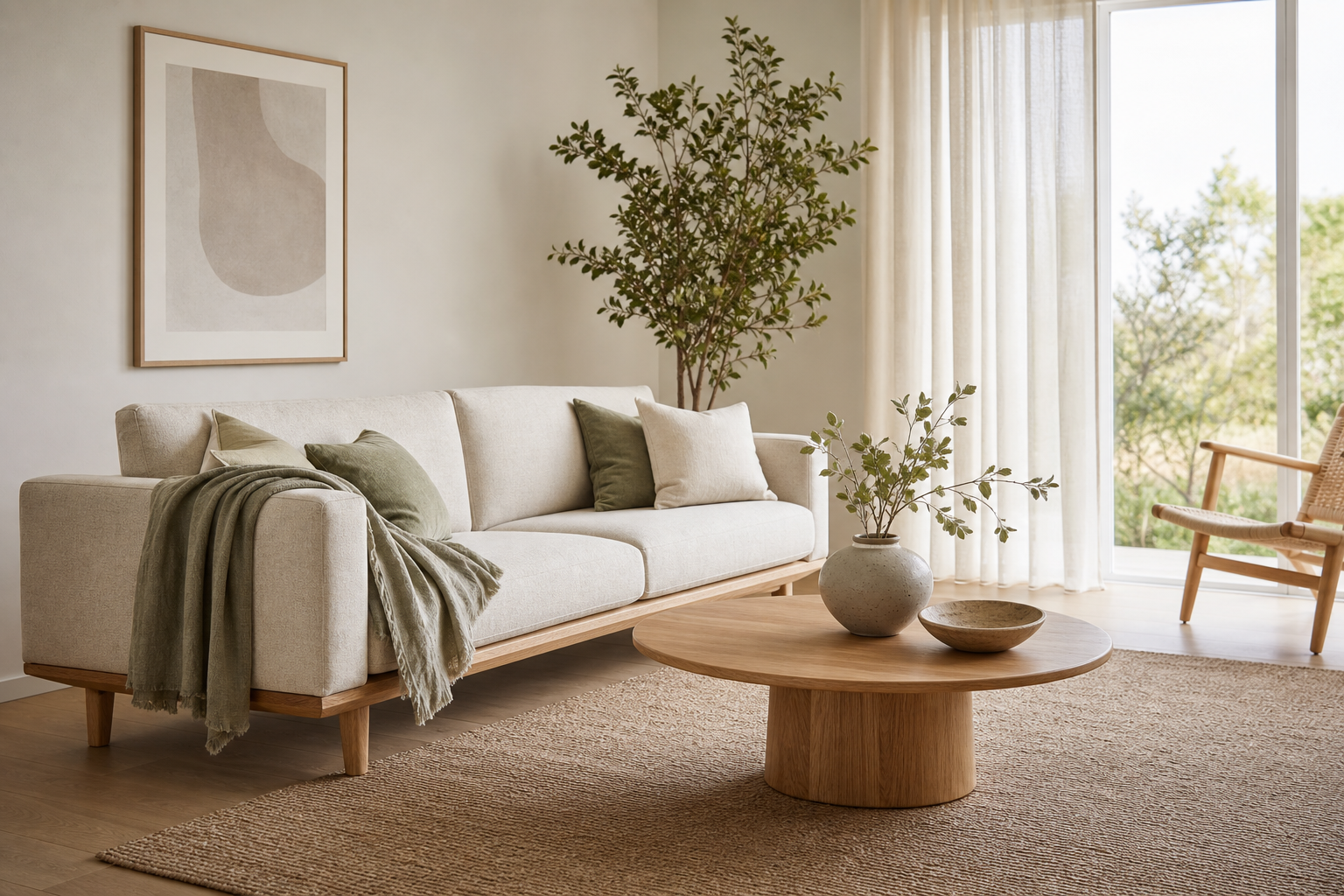 A calm Scandinavian living room with an oatmeal linen sofa and oak coffee table